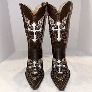 Unique Ciceg Brown Leather Western Cowboy Boots Women’s 9.5 Crosses Wings Goth